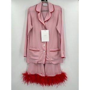 Sleeper Pink/Red Pajama Party Set Ostrich Feather Pants & Button Up Shirt sz S